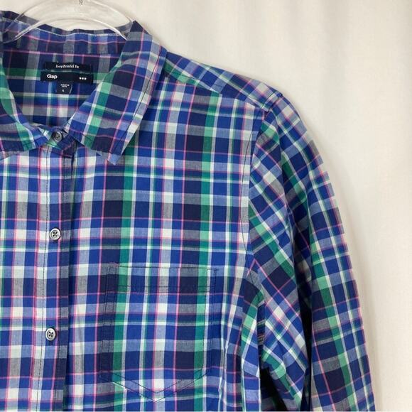 GAP Factory | Boyfriend Fit Blue Multi-Color Plaid Button Up Shirt Womens Large - Picture 2 of 4